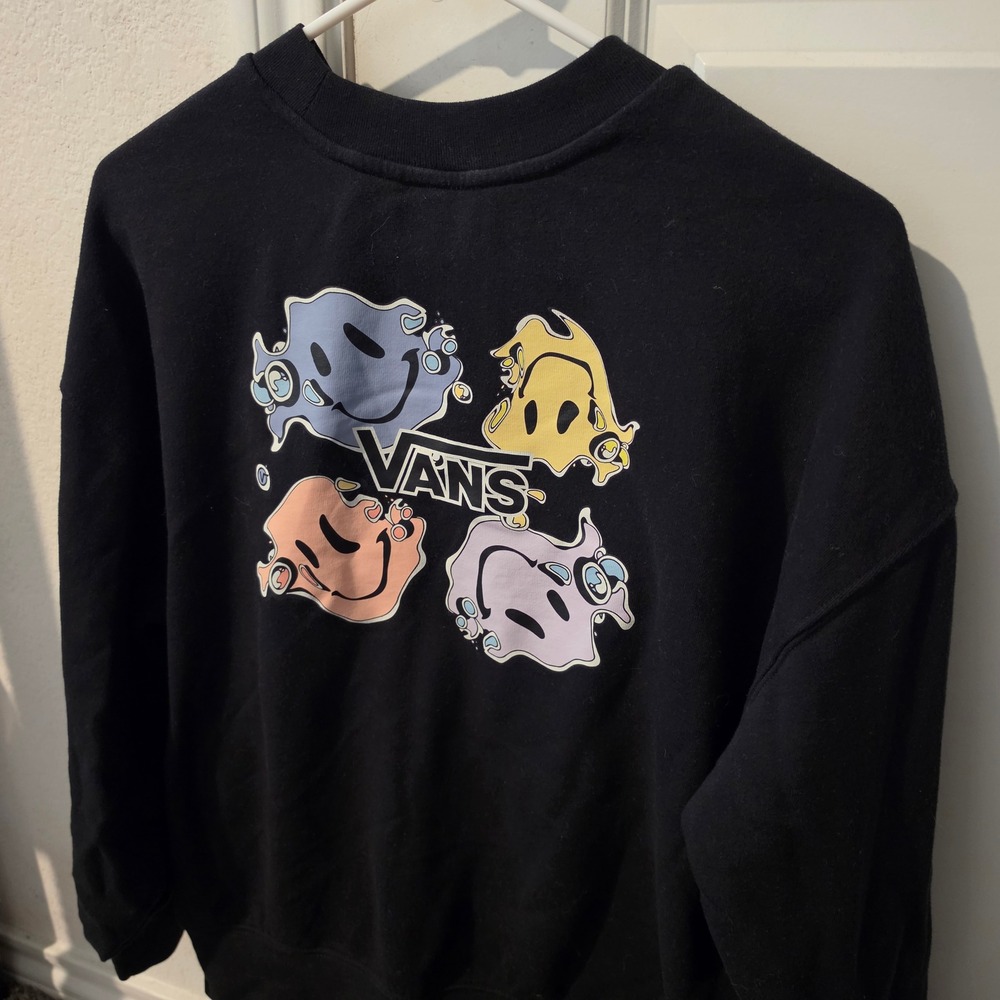 Vans Womens Black Melting Psychedelic Smiley Face Graphic Crewneck Sweatshirt XS